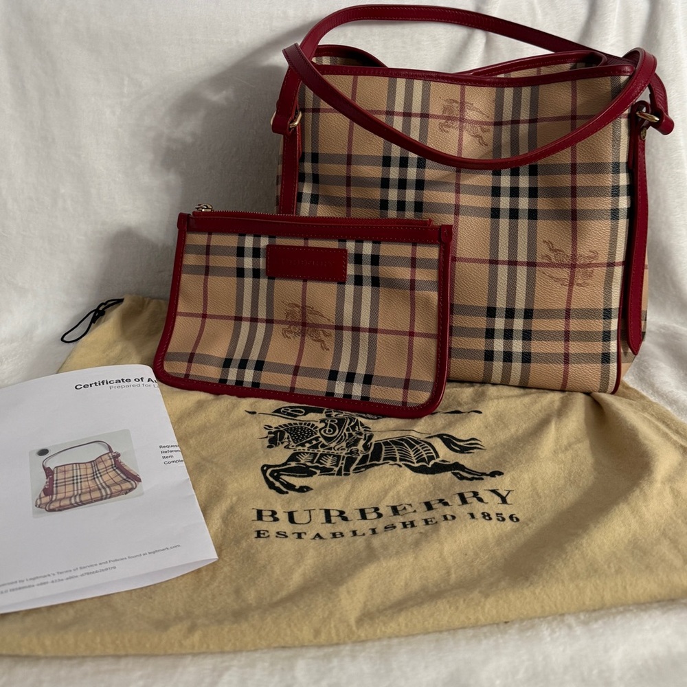 Burberry Haymarket Check Tote with red leather accents